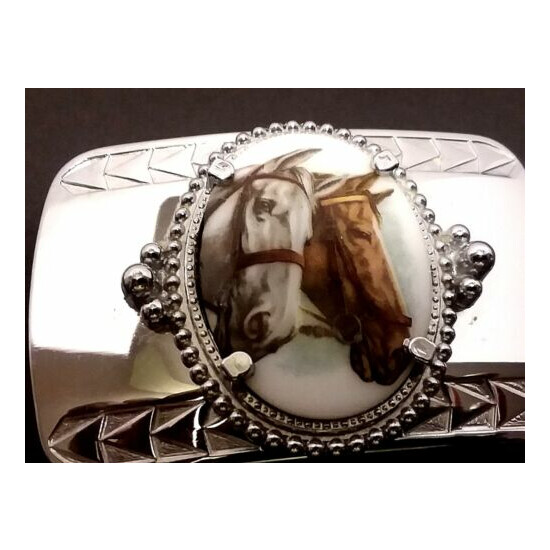  Belt Buckle 2 Horses Equestrian Cowboy Cowgirl Western Collectible Silver tone image {1}