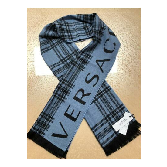 VERSACE COLLECTION STRIPED LOGO MENS WOOL SCARF BLACK SKY MSRP $220 image {1}