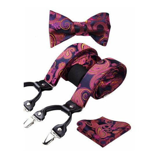  Paisley Floral 6 Clips Suspenders & Bow Tie and Pocket Square Set Y Shap image {1}