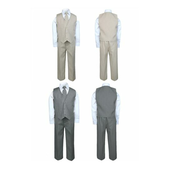 Baby Toddler Boy 4 PC Gray Khaki Vest Set Pinstripe Formal Wedding Tuxedo Suit  image {1}