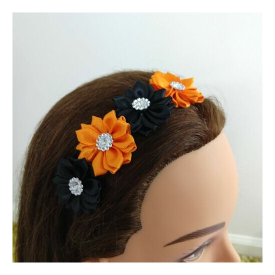 Baby Infant Halloween Hair Bow headband elastic Black And Orange image {1}