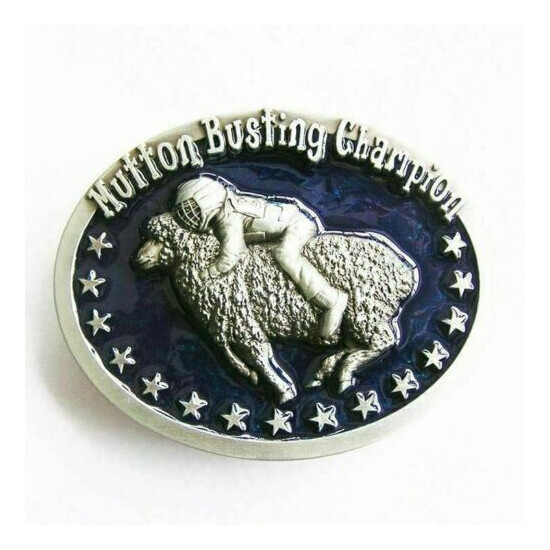Mutton Busting Champion Western Cowboy Blue Enamel Belt Buckle image {1}