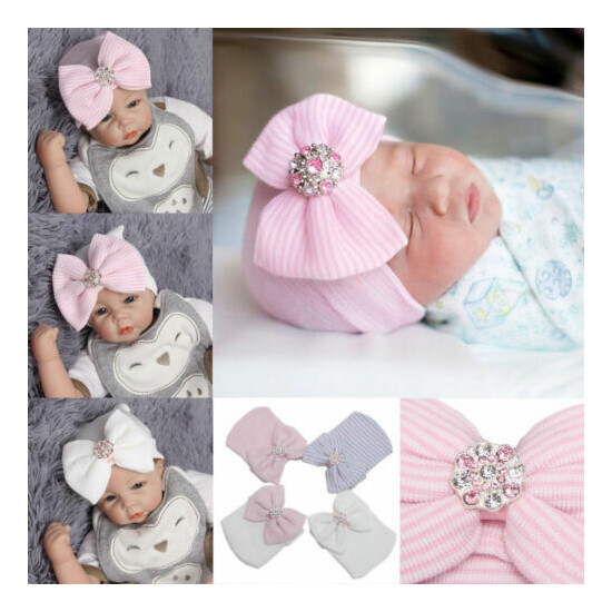 Baby Girl Boy Striped Bow Cap Infant Headband Hospital Newborn Comfy Soft Beanie image {2}
