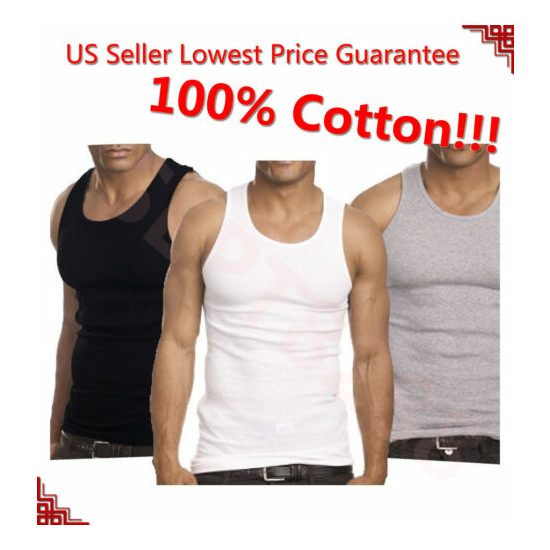 3-12 Packs Mens 100% Cotton Tank Top A-Shirt Undershirt Ribbed Black White Gray image {6}