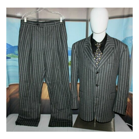 TOM JAMES 42L Gray Striped Wool Custom 3B Tailored in USA Suit - Pants 34 X 32 image {1}