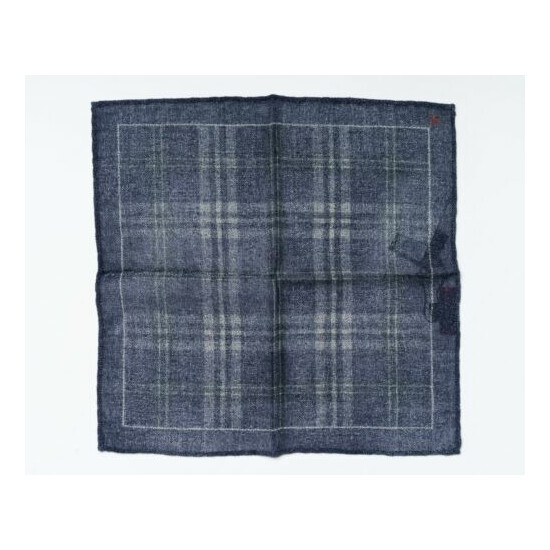 Isaia $120 NWT Indigo Blue Beige Check Pocket Square 100% Virgin Wool 13” 33 cm Thumb {1}