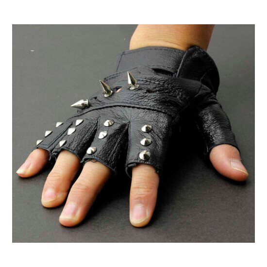 Punk Leather Metal Stud Biker Rocker Driving Motorcycle Fingerless Men Gloves image {3}