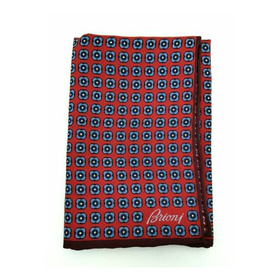 BRIONI Red Blue Reversible Geometric Shapes Silk Pocket Square Handkerchief NWT image {1}