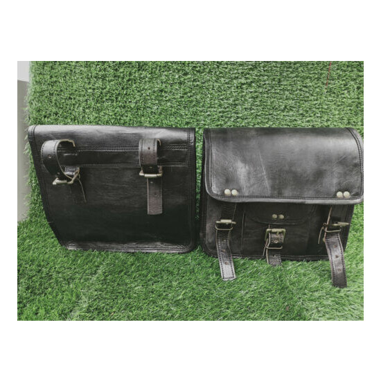 Pair Handcrafted Black Leather Saddle Bag Motorcycle Luggage Pannier Storage Bag image {4}