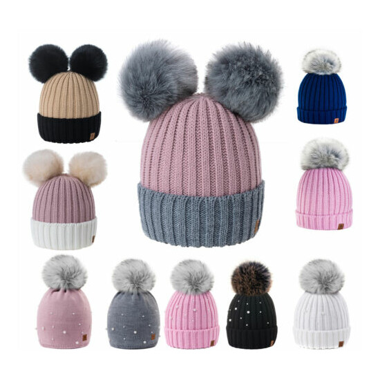 Kids Children Knitted Beanie Hat Hats Cap Winter Warm Girls Boys 2 Pom Pom image {1}