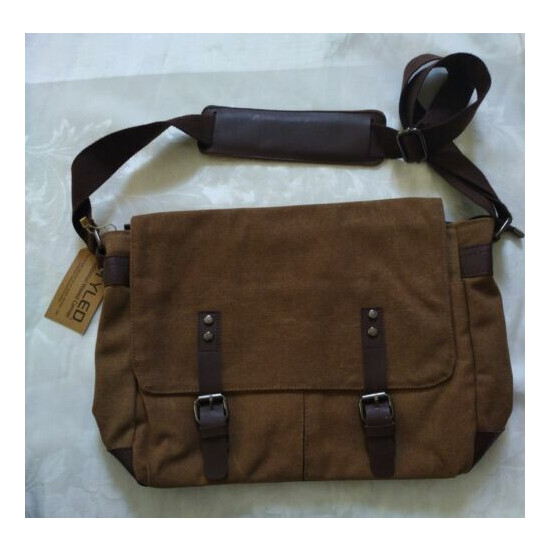 Styled Old School Traditional Waxed Canvas Messenger Bag, Brown Leather Detail image {1}