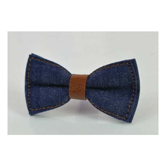 Boy Kids Navy Blue Denim Brown Faux Leather Bow tie + Brown Leather Suspenders image {2}