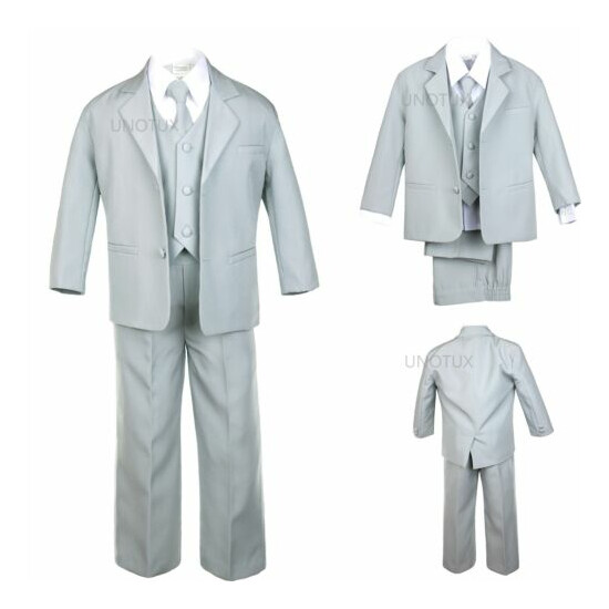 Infant Toddler Kid Teen Boy Gray Silver SUIT Tuxedo VEST 5PCS S-20 Wedding Party image {1}