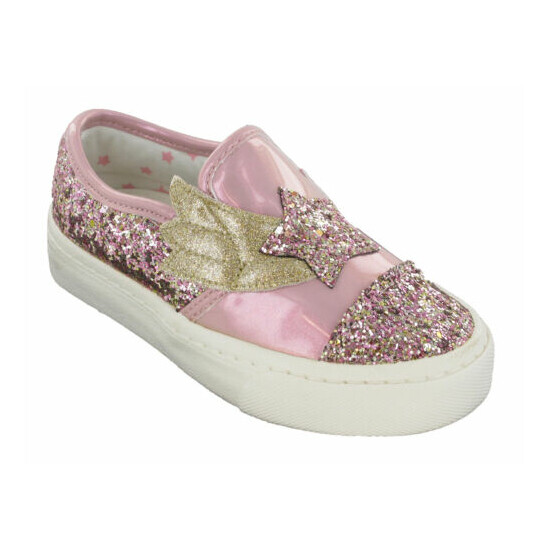 Ex M&S Girls Pink Glitter Star Pumps Padded Collar Slip On Comfort Patent Shoes image {1}