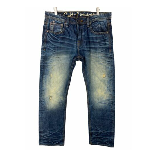 Cult of Individuality Jeans Mens 34x33 Blue Distressed Selvedge Denim 624-238L image {1}