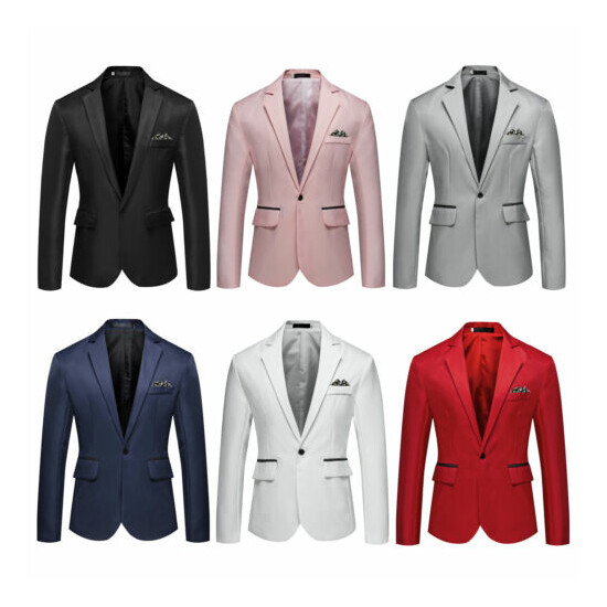 Men Slim Fit Suit Jacket Office Notch Lapel One-Button Flap Pockets Blazer Top image {1}