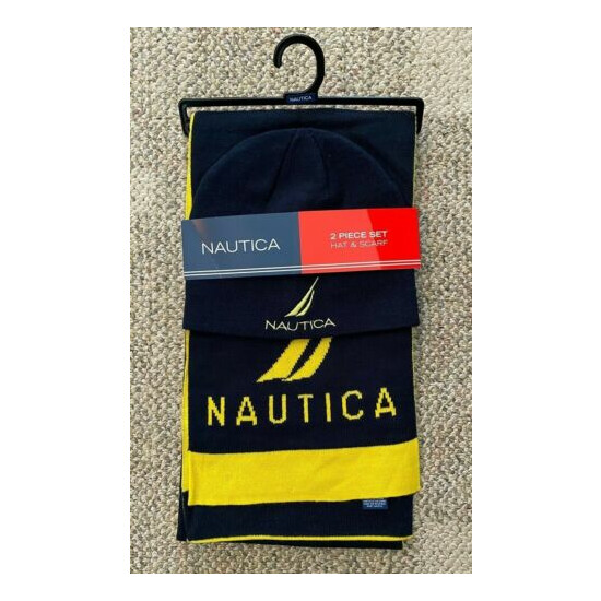 Mens Nautica Hat & Scarf 2 Piece Set Navy Blue/Yellow One Size 100% Acrylic image {1}