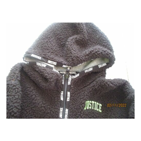 Justice Girls Size 12 Black Fluffy Fleece Winter Hoodie Soft image {2}