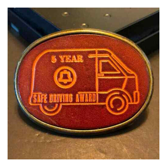 Vintage VTG Safe Driving Award Bell Systems Leather Belt Buckle Communications  image {1}