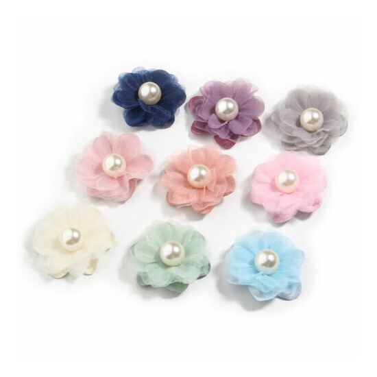 120PCS 4.2CM Chiffon Fabric Flowers With Pearl For Headband Bridal Flower Lapel image {1}