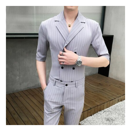 Men 2PCS Suit Striped Slim Fit Tights Pants Lapel Shirt Party Nightclub Blazer L image {8}