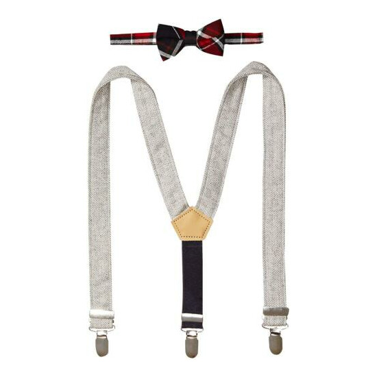 Mud Pie Baby Boys' Plaid Bow Tie Tweed Suspender Set, Red Plaid, One Size image {1}