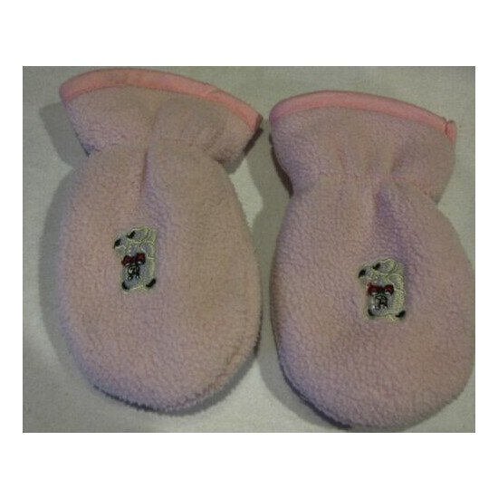 Used Girl's 0-6 Months Mittens Pink With Bear Applique Fleece Light Pink Soft image {1}