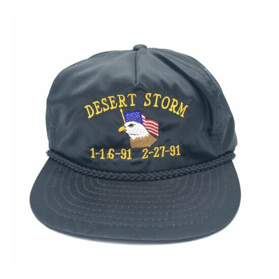 VINTAGE 90's Desert Storm Embroidered StrapBack Black Nylon NISSIN Hat Cap image {2}