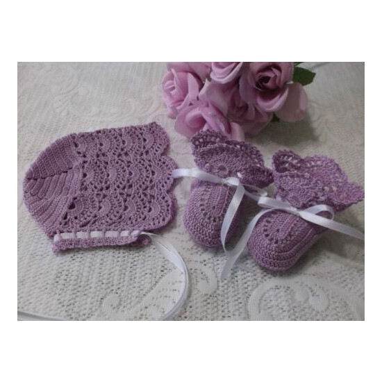 Handmade, Hand Crocheted Baby Bonnet and Booties - Lavender w/White Ribbons image {1}