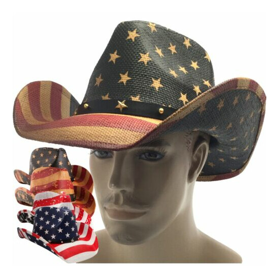 MEN'S USA AMERICAN FLAG COWBOY HAT VINTAGE Tea Stain SHAPE-IT BRIM US Western image {1}