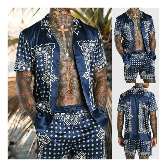 Mens 2-Piece Summer Set Outfit Short Sleeve T Shirts and Shorts Sweatsuit Set image {2}