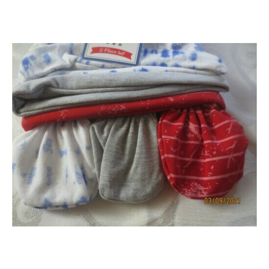 New NWT Modern Baby 6 pc Cap & Mittens Set 3 color set Red Gray Blue White image {2}