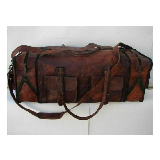Men's Large 30" Travel Bag Genuine Vintage Leather Duffel Luggage Sport Weekend image {2}