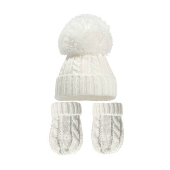 Newborn Baby Boys Girls Winter Cable Twist Pom Pom Knit Hat Mittens 0-12 Months image {3}