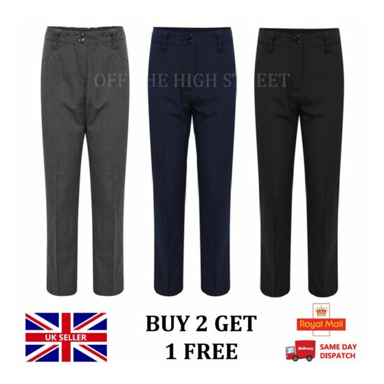 Girls School Trousers Black Grey Navy Straight Leg Plus Fit, Longer Leg Uniform image {1}