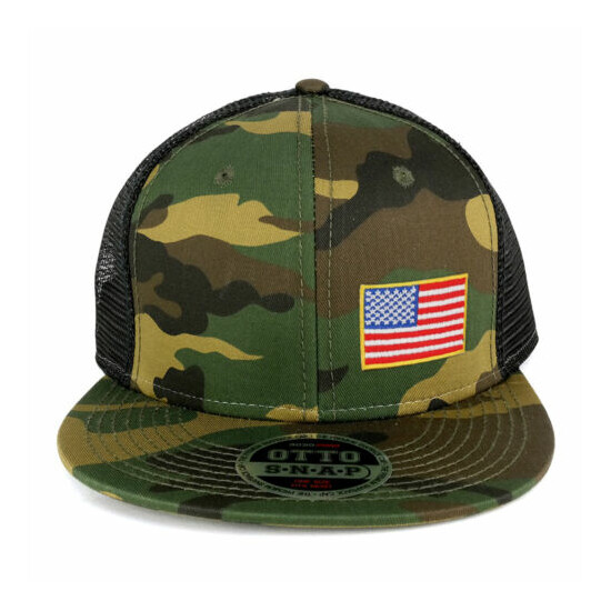Small Yellow Side American Flag Embroidered Patch Camo Flat Bill Mesh Cap image {2}