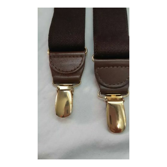 VTG PELICAN USA dark brown solid suspenders brass clips EUC image {5}