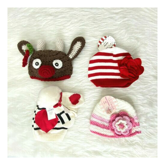Lot of 4 Baby Infant Assorted Knit Caps Hats Pink, Red, Off White, Reindeer NEW image {1}