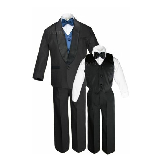 Boys Satin Shawl Lapel Suits Tuxedo EXTRA Teal Bow Tie Vest Sets Outfits Sz S-18 image {1}