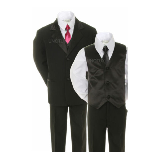 6pc Baby Toddler Boys Formal Wedding Black Suit Tuxedo + Extra Color Necktie S-7 image {8}