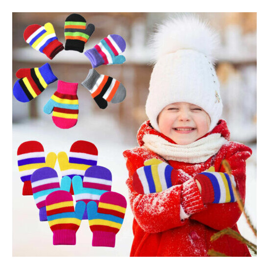 Infant Baby Girls Boys Winter Warm Gloves Rainbow Print Knitted Mittens 1-5 Year image {1}