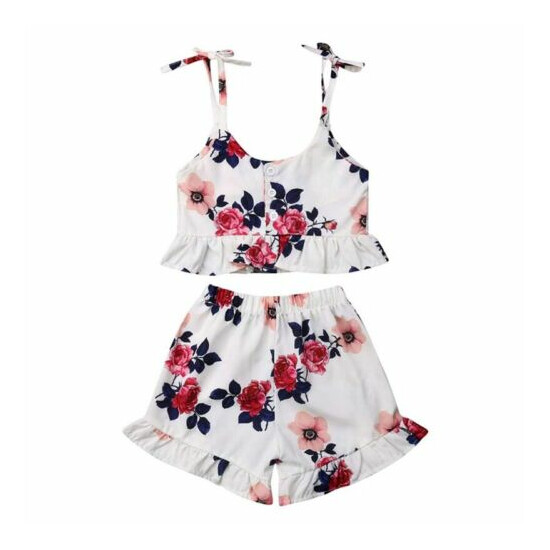 Summer Girls Cute Wear Sleeveless Sweet Floral Print Sling Tops+Shorts 2-Piece image {2}