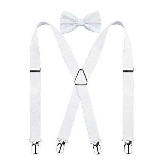 Men's X Back Suspender and Bow Tie Set Elastic Adjustable Braces White image {1}