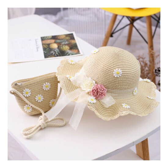 Girls 2-8 Age Straw Hat Tourism Sun Hat Flower Children Sun Hat And Bag Set image {2}