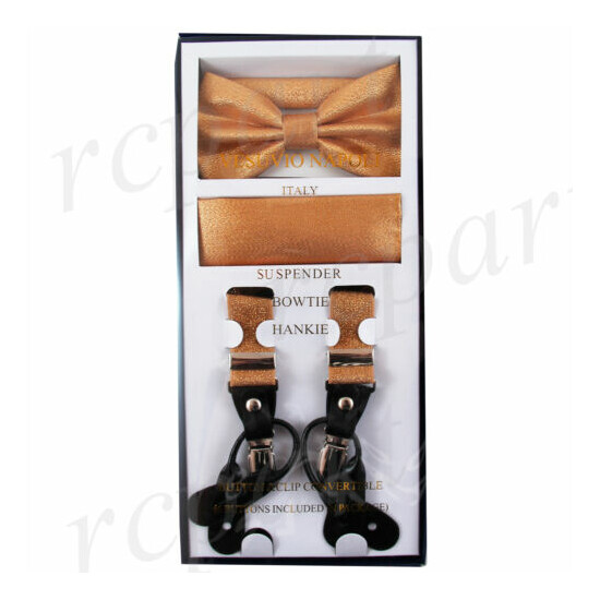 New in box Men's Convertible Elastic Strap glitter gold Suspender_Bowtie Hankie image {3}