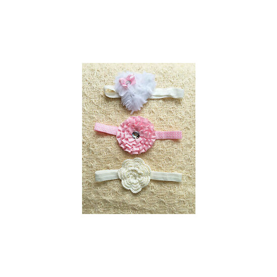 Set of 3 Baby Girls Flower & Rhinestone Headband 6-18 mos white cream pink image {1}