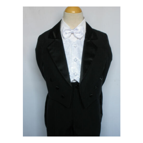 Infant Toddler Boy Formal Tuxedo black/wht vest brocade 5 pc Suit set size S-20 image {6}