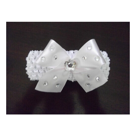 White Baby / Girls / school Crochet Romany Bling Headband with white bow. image {1}