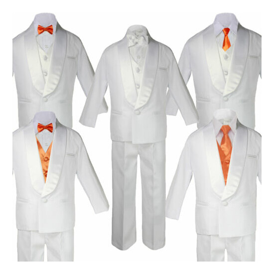 Baby Teen White Satin Shawl Lapel Suits Tuxedo ORANGE Satin Bow Necktie Vest image {1}
