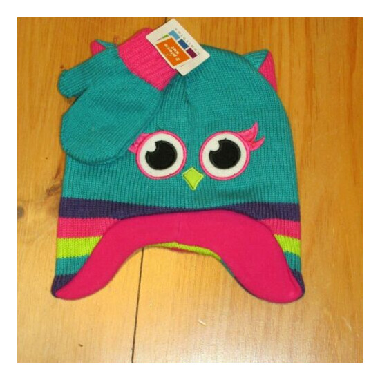 NEW Healthtex Toddler Girl Hat Mittens Owl Size 2T - 5T Knit Set Green Pink  image {1}